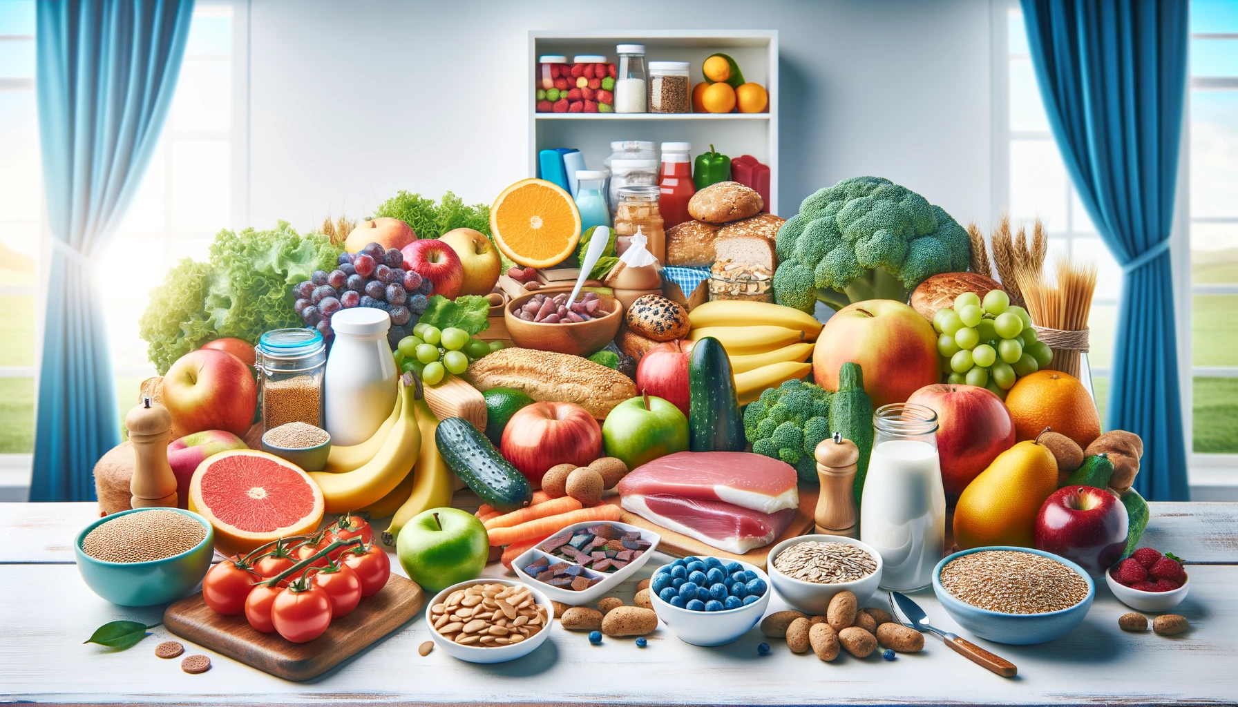 A variety of healthy foods for diabetics arranged on a table including fruits vegetables whole grains and lean proteins in a bright