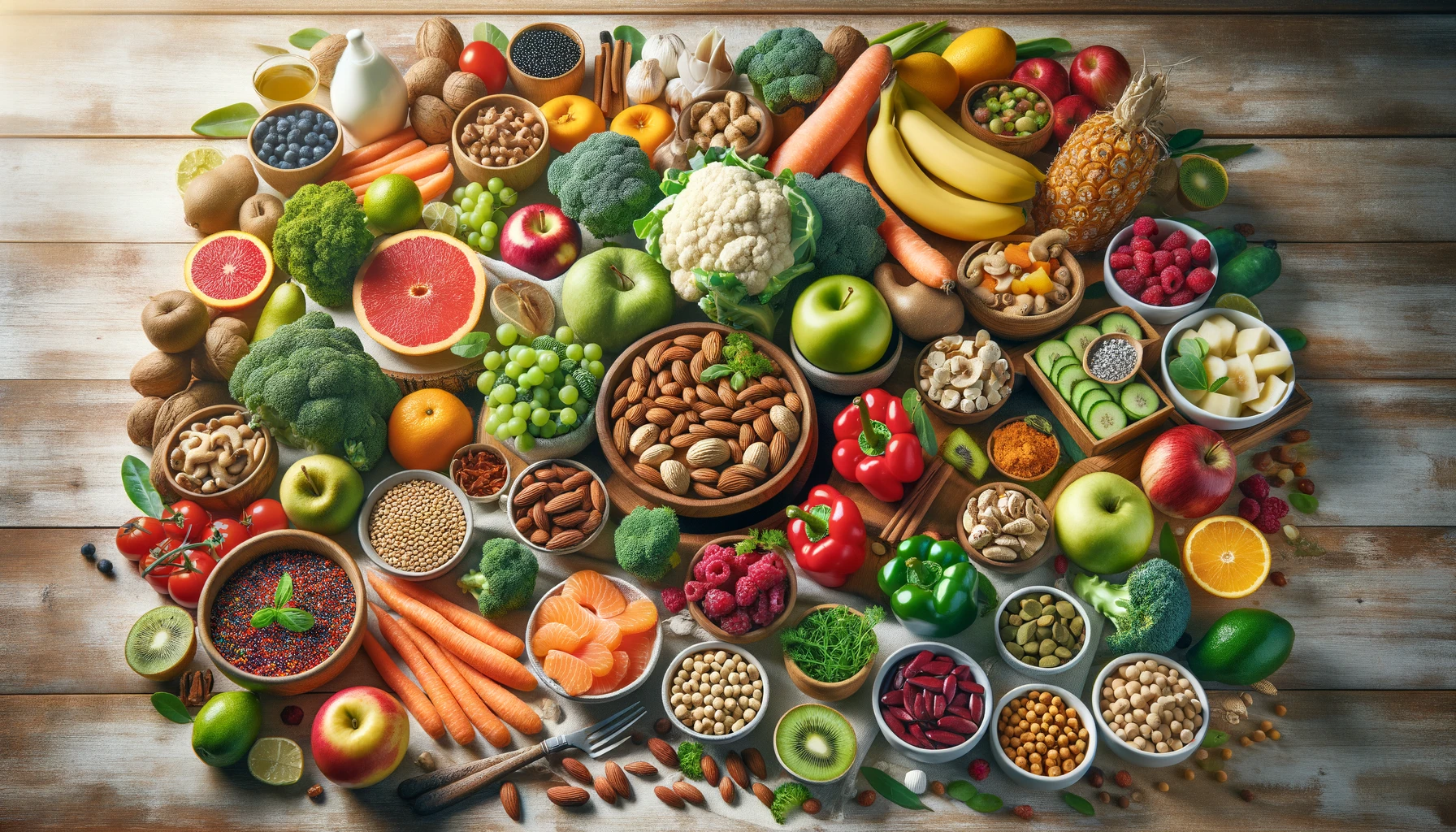 Una amplia variedad de alimentos saludables para diabeticos incluyendo frutas como manzanas peras y bayas verduras frescas como espinacas brocoli etc