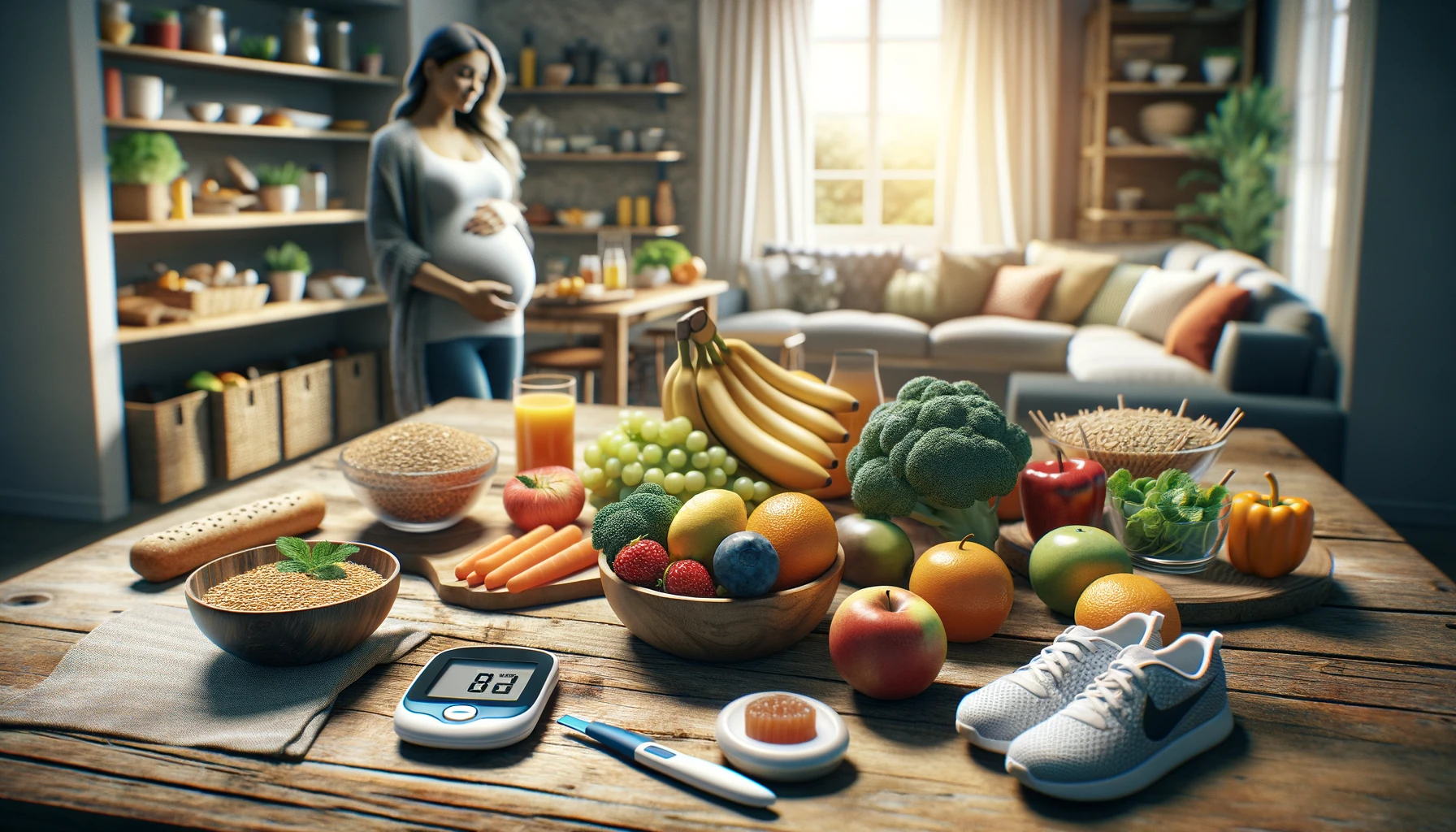 a balanced and healthy lifestyle during pregnancy featuring healthy foods such as fruits vegetables