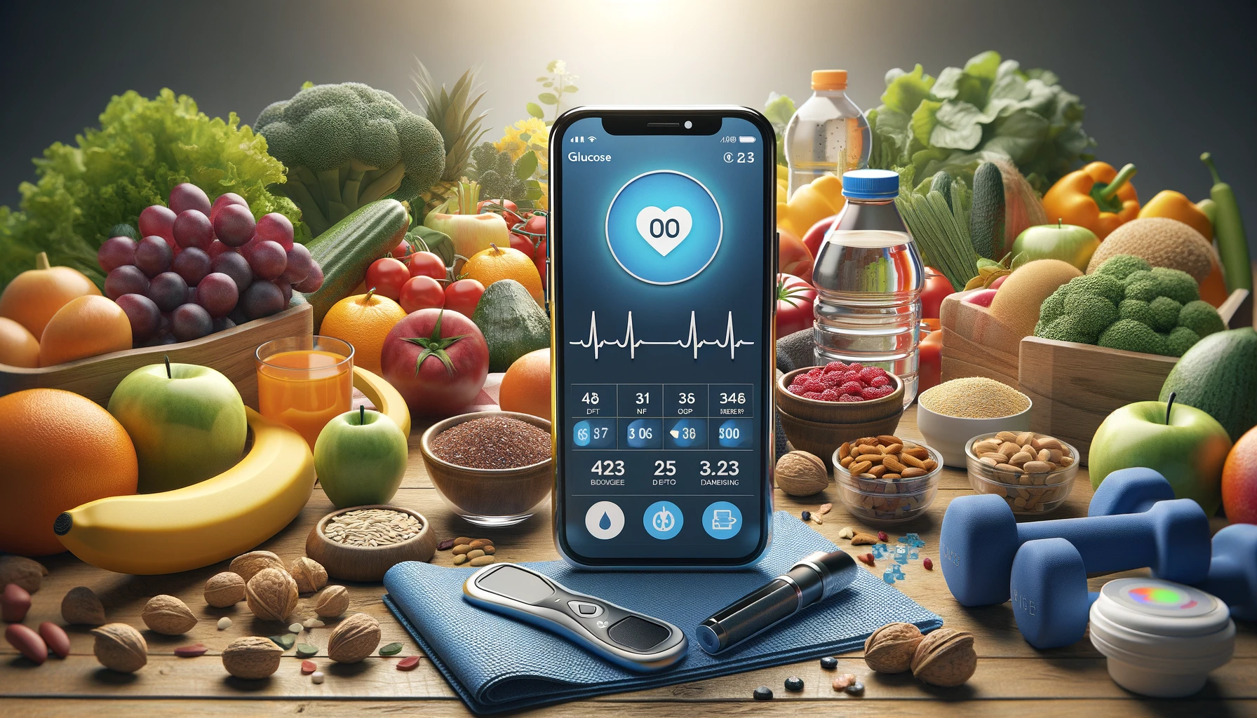 a smartphone displaying a glucose monitoring app surrounded by healthy foods and exercise equipment symbolizing resources