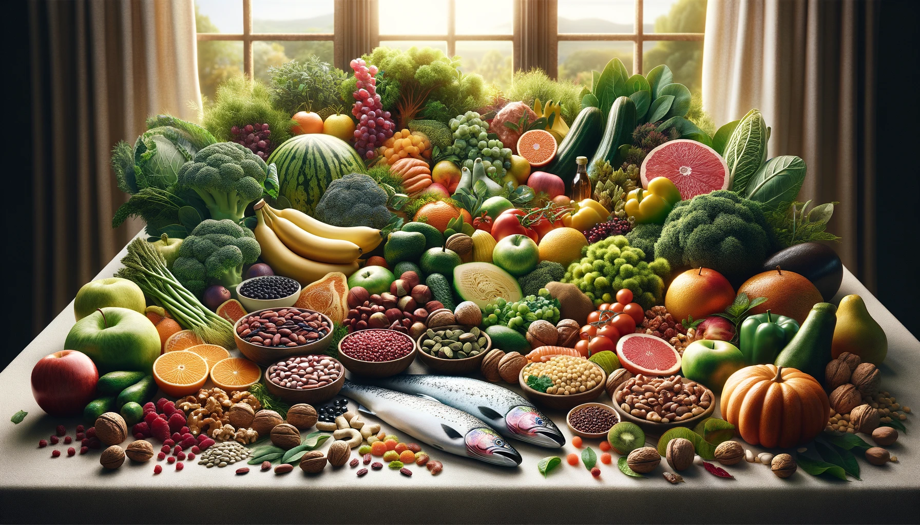 a variety of healthy foods for diabetics including fruits vegetables nuts legumes and fatty fish