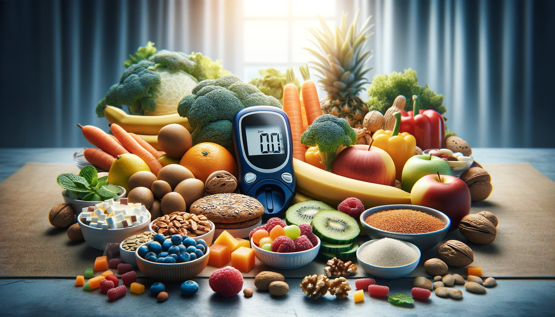 a variety of healthy foods suitable for diabetics with a glucose meter in the background