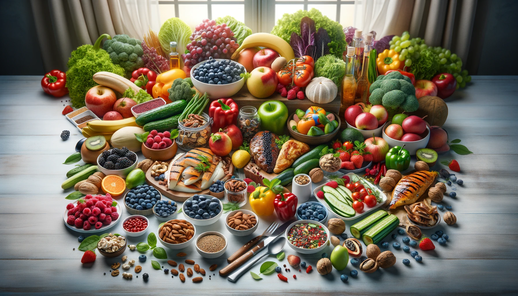 healthy foods suitable for diabetics artistically arranged on a table