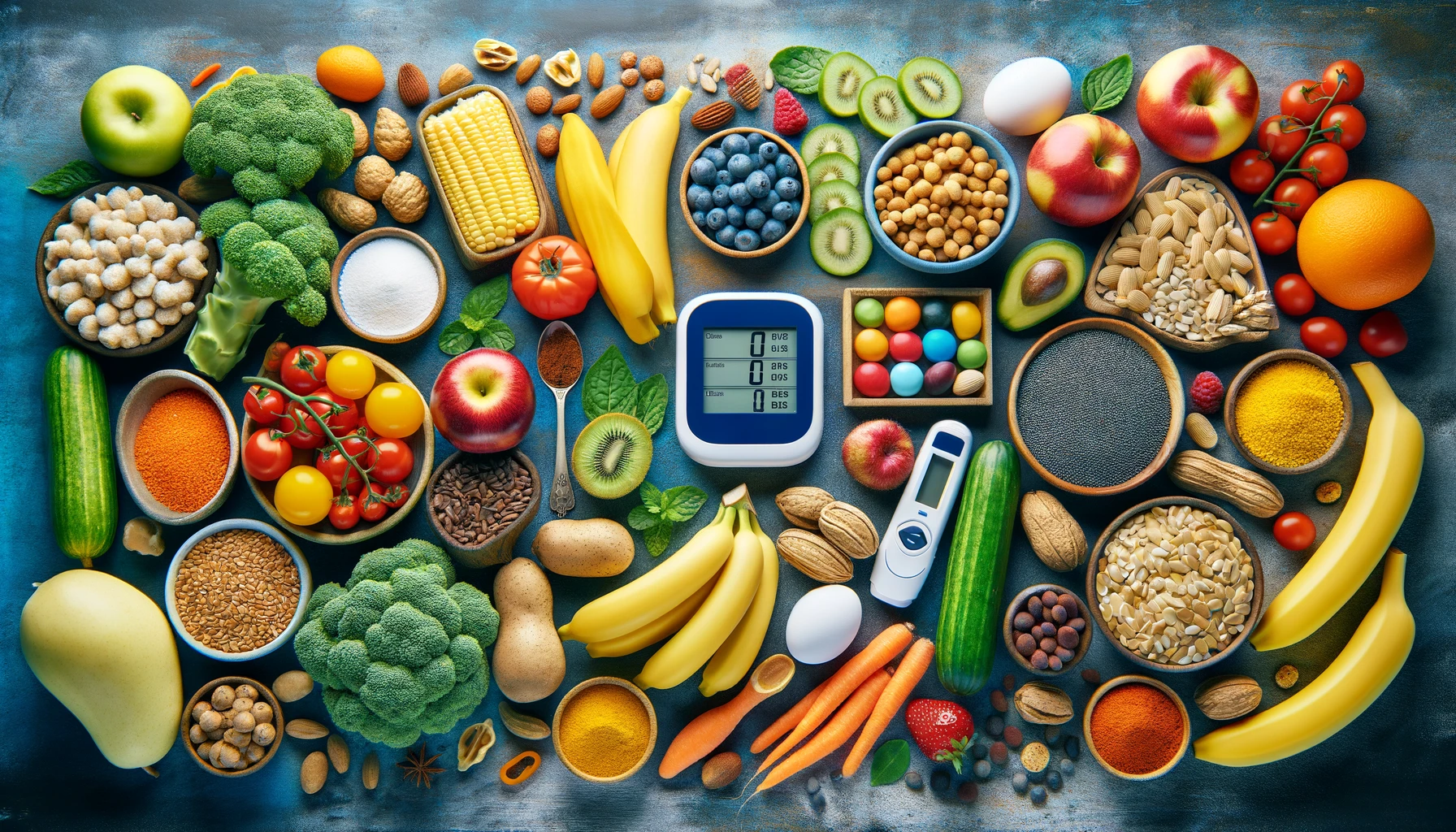 nutricion en diabeticos mostrando una variedad de alimentos saludables como frutas verduras granos enteros