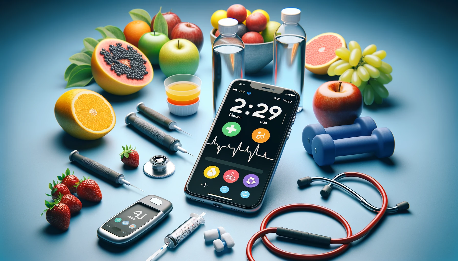 telefono inteligente mostrando una aplicacion de monitoreo de glucosa en sangre en su pantalla rodeado de frutas y verduras