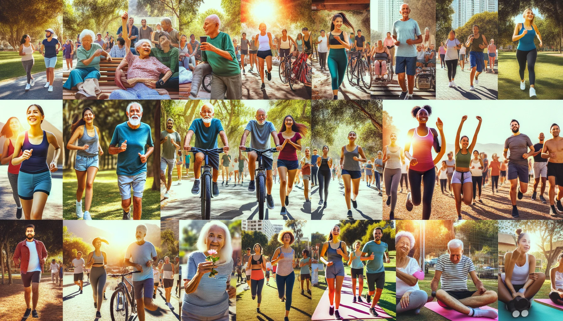 varias personas con diabetes de diferentes edades y etnias participando juntas en una variedad de ejercicios